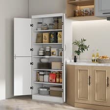 Image of 4-Door Kitchen Cupboard Freestanding Storage Cabinet w/6-tier Shelves, White