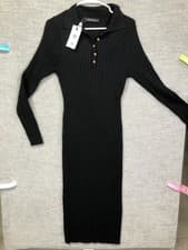 Image of MEROKEETY Sweater Dress Womens XL Black Ribbed Knit Long Sleeve Polo Midi
