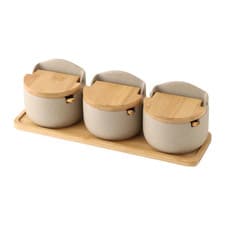 Image of Ceramic Spice Jar Set Bamboo Lid Spoon Kitchen Storage Container Kit