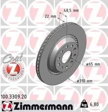Image of 2x Brake disc Externally Vented 100.3309.20 ZIMMERMANN for VW SKODA AUDI SEAT