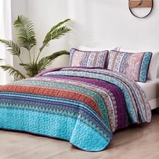 Image of 3 Piece Bohemia Striped Quilted Bedspread Bedding Set Throws Double King Sizes