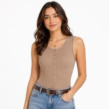 Image of Lee Henley Button Ribbed Bodysuit NWT in Tan Small