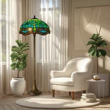 Image of Tiffany Style Dragonfly Floor Lamp, 16" Stained Glass Shade, 65" Tall Vintage UK