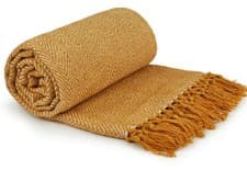 Image of 100% Cotton Herringbone Ochre Mustard Yellow Fringed Tassel Bed Chair Sofa Throw