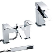 Image of Modern Chrome Bath Shower Mixer Tap & Monobloc Basin Mixer Tap with Curved Spout