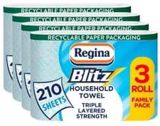 Image of Regina Blitz 3 Ply 12 Kitchen Towel Rolls, 70 Sheets Per Roll