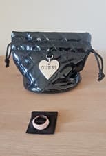 Image of GUESS Ladies 4 Row CZ Rose Gold Tone Ring Size UK M & GUESS Draw String Pouch