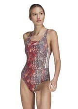 Image of Adidas 3-Stripe Graphic Swimsuit - Sand Strata/Red/Coral/White