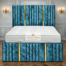 Image of Modern Luxury Crushed Velvet Panel Bed With Gold Strip Mattress + Storage Option