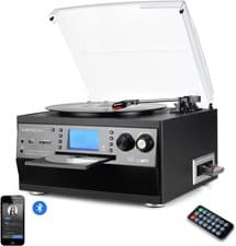 Image of LP Vinyl Record Player with Speakers Bluetooth Turntables CD Cassette Player UK