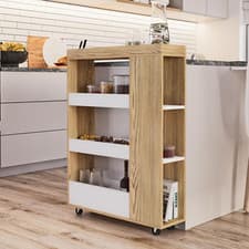 Image of URBNLIVING 4 Tier Slim White & Oak Wooden Rolling Portable Kitchen Trolley Cart