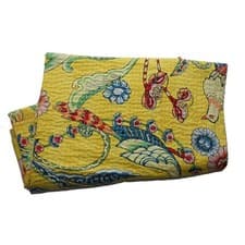 Image of Indian Yellow Handmade Cotton Kantha Quilt Bedspread Blanket Throw Floral print