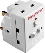 Image of 3 way switched surge protected 13A adaptor 3 UK mains plug-in with NEON switched