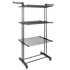 Image of 1x 4-Tier Folding Metal Wheeled Clothes Airer Black Indoor Laundry Washing Rack