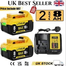 Image of NEW For Dewalt DCB184 DCB182 8.0Ah 18V XR Li-Ion Battery Twin Pack + Charger Kit