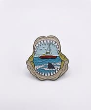 Image of Jaws Metal Enamel Pin Badge Brooch Steven Spielberg Shark Teeth Attack Film Boat