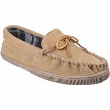 Image of Cotswold Alberta men's beige suede lined slip-on moccasin classic slipper