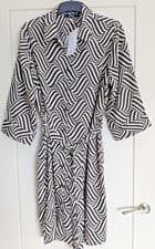 Image of Ladies M& Co Shirt Abstract Dress Black & Cream Sleeves Tie Belt Size 18UK
