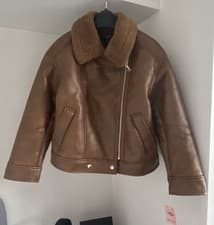 Image of Petite Brown Borg Collar Faux Leather Aviator Jacket Size XS