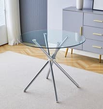 Image of Dining Table, 90cm Glass Top Round Table, Kitchen Table in Stainless Steel Legs