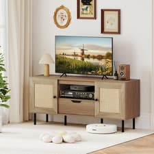Image of TV Stand Large Storage Rattan Doors Media Cabinet Rustic Wood Style TV