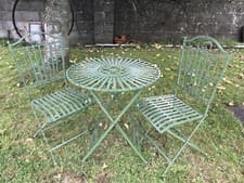 Image of Aged Green Garden Bistro Set 2 Seater Folding Chairs & Round Slatted Table