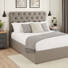 Image of 6ft Super King Size Storage Ottoman Bed Chesterfield Button Grey Linen Fabric