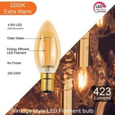 Image of LED Filament Candle Bulb 4.5W=40W Dimmable Energy Saver Extra Warm Bayonet Screw