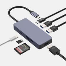Image of 7-in-1 USB-C hub adapter: 2 x USB 3.0 Type A, 1 x Type C, SD/Micro SD, PD, HDMI