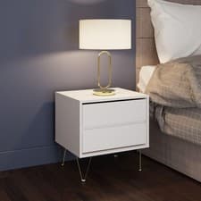 Image of Bedside Table 2 Drawer Modern White Nightstand Gold Legs Bedroom
