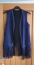 Image of Blue Country Western Suede Style Tassle Tie Waistcoat Vest Size M