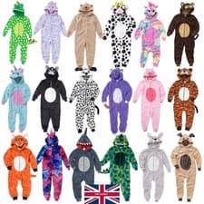 Image of Animal Crazy Boys Girls 1Onesie Onesey Fleece Hooded Jumpsuit Playsuit Novelty