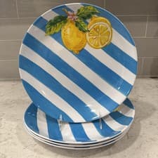 Image of Set 4 Melamine 11" Dinner Plates Amalfi Coast Blue Stripe Lemon / Lemons Plate