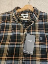Image of M&S Check Shirt XL – Pure Cotton – Long Sleeve – Brown Black Plaid. NEW With Tag