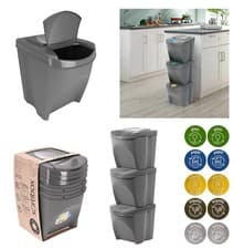 Image of 3 x 25L Recycle Bins Stackable Food Kitchen Waste Recycling Lids Sorting Dustb