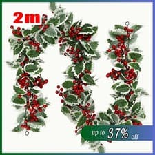 Image of 2M Holly Leaves Decor Christmas Garland Fake Red Berries Artificial Greenery Hot