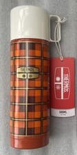 Image of THERMOS REVIVAL RETRO VINTAGE STAINLESS STEEL VACUUM FLASK ; ORANGE  TARTAN BNWT