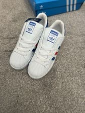 Image of Adidas Superstar White, Red And Blue Stripes, Size 8 Uk, 43 Eur, Brand New