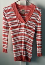 Image of Faded Glory V-Neck Sweater Size XL (16/18) Coral/White Stripe - New Without Tags