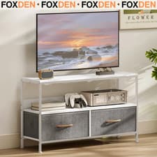 Image of White TV Unit Cabinet Stand for 47 Inch TVs with 2 Foldable Drawers & Open Shelf