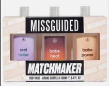 Image of NEW 3PK MISSGUIDED BODY MIST MATCHMAKER REAL BABE,BABE HEAT,BABE POWER MIST SET