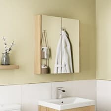 Image of 650 x 600mm Oak Bathroom Mirror Cabinet Storage Wall Mounted Cupboard Door Unit