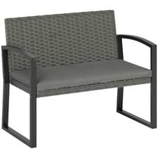Image of Outsunny 2 Seater Rattan Garden Bench with Cushion, Steel Frame, Light Grey
