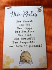 Image of Hive Rules Hanging Sign Bee kind Bee honest Bee you. Bumblebee gift idea. Indoor