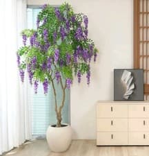Image of Artificial 8ft Delicate Purple Blossom Wisteria Tree In White Circular Planter