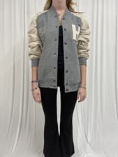 Image of Tommy Hilfiger Mix Media Varsity Bomber Jacket Size Medium Grey Newsprint