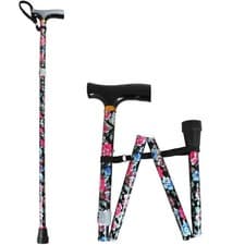 Image of NRS Folding Walking Stick Black Floral Design Wooden Handle Lightweight Durable