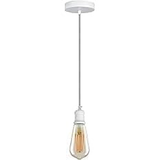 Image of LEDSone Vintage Pendant Light Fitting Modern Retro Industrial Style E27 Lamp White Holder, Grey Round Braided Flex, White Ceiling Rose, 1m (with Bulb)