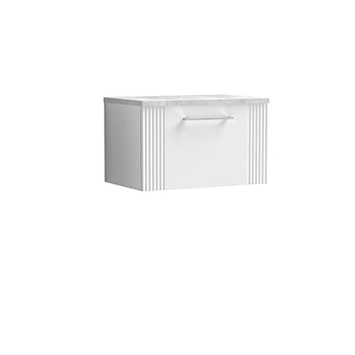 Image of nuie DPF194LBG Deco Modern Bathroom Wall Hung 1 Drawer Part Fluted Vanity Basin Unit with Laminate Bellato Grey Worktop, 600mm, Satin White