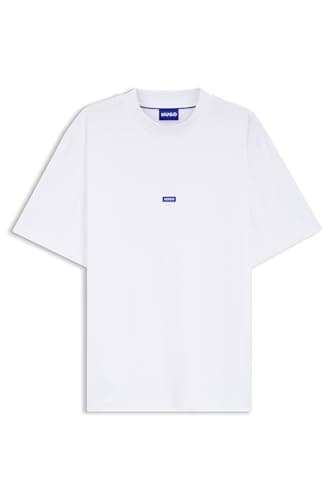 Image of HUGO Mens Nieros Cotton-Jersey T-Shirt with Logo Badge White